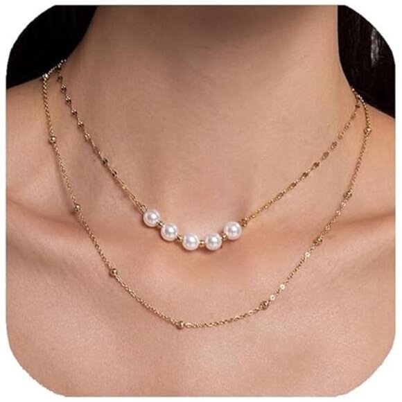 Dainty Gold Pearl Necklace – 14K Plated, Layered Gold Choker, Waterproof - Picture 1 of 9